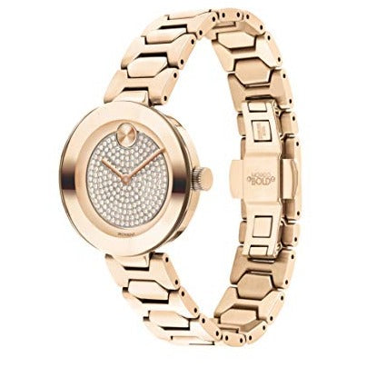 Movado Bold 3600493 45-degree angle view showing case profile and rose gold bracelet