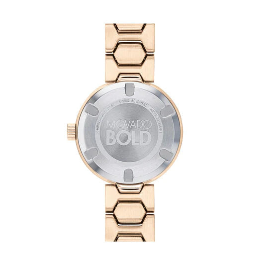 Movado Bold 3600493 caseback showing sapphire crystal and engraved BOLD branding