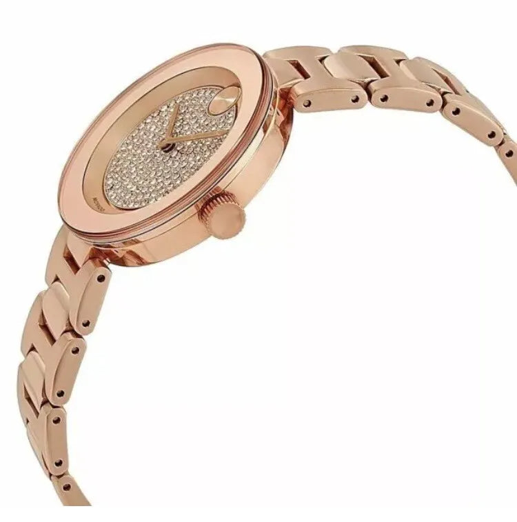 Movado Bold 3600493 side view of case and rose gold stainless steel bracelet