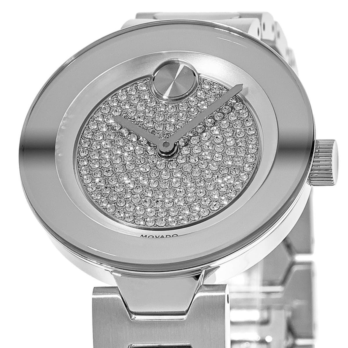 Close-up of Movado Bold pave crystal dial with hour markers and steel case