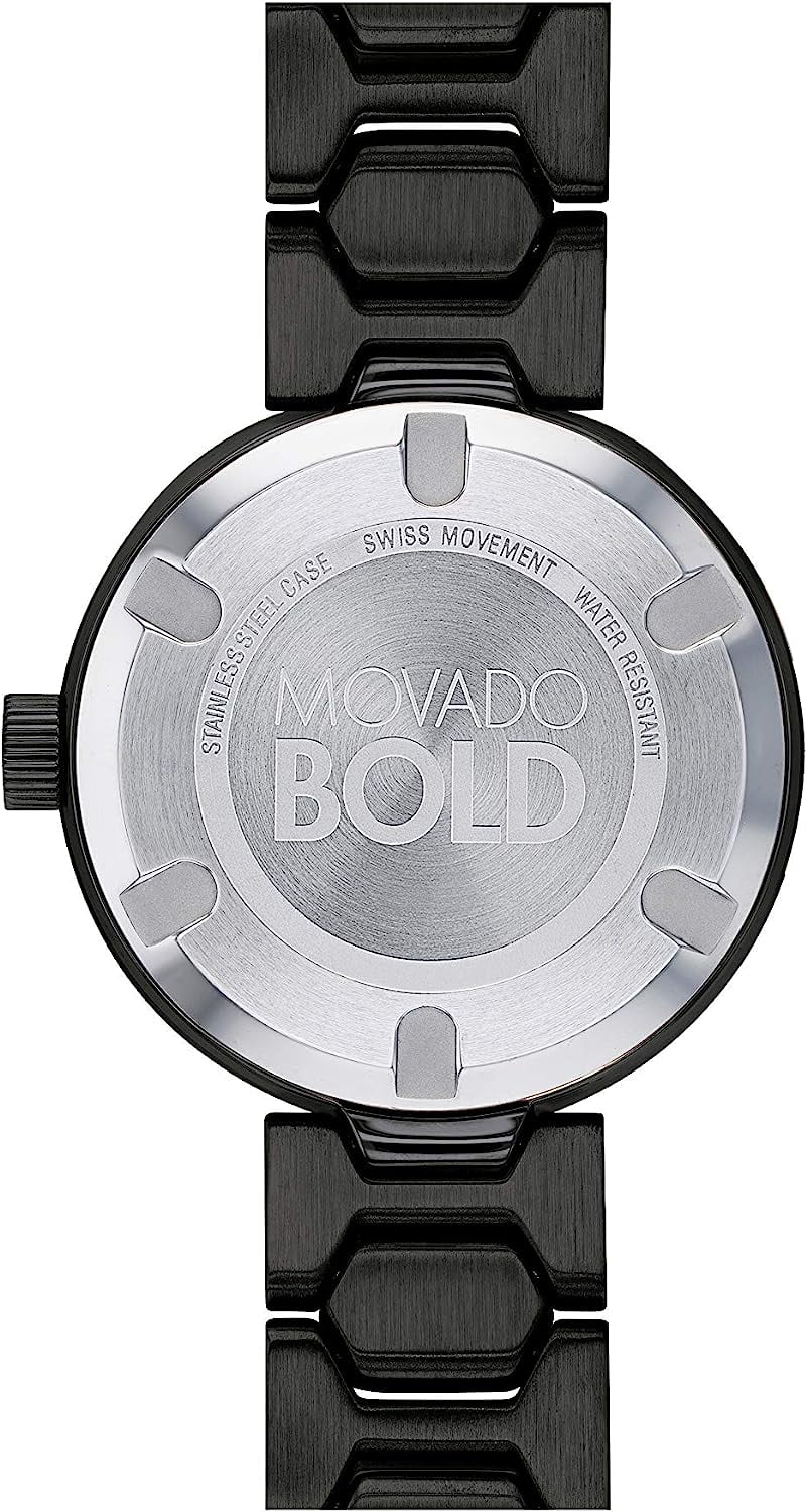 Movado Bold caseback showing Swiss movement engraving and BOLD text on stainless steel