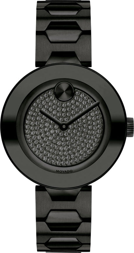Movado Bold black ion-plated steel women's watch with crystal dial and black metal strap