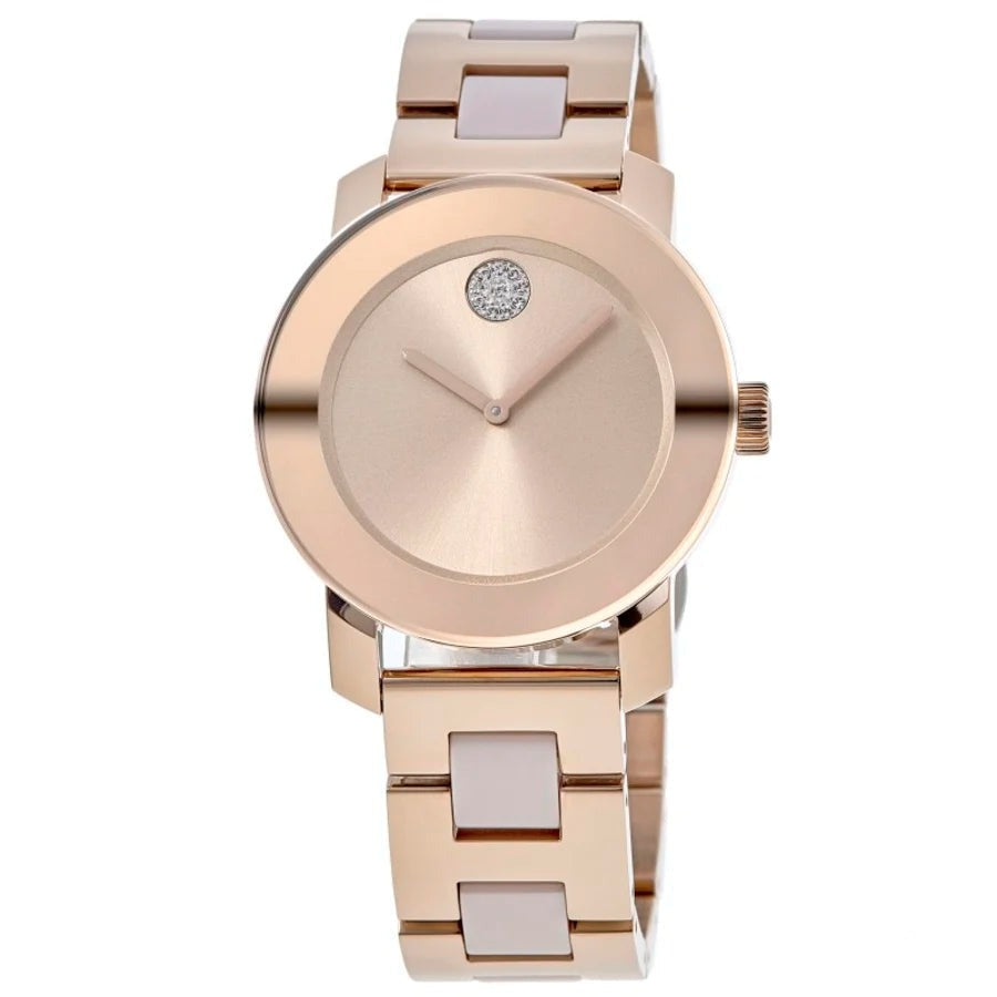Movado Bold 36mm women's watch 45-degree view showing rose gold case and two-tone ceramic bracelet