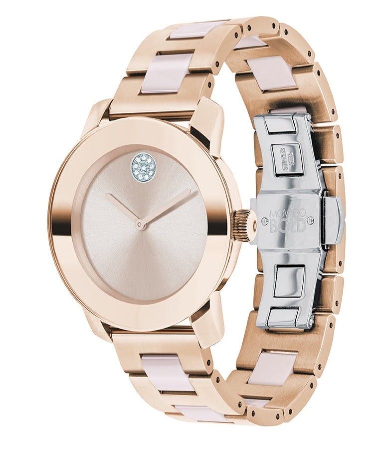 Movado Bold 36mm side profile with rose gold and ceramic case and two-tone link bracelet