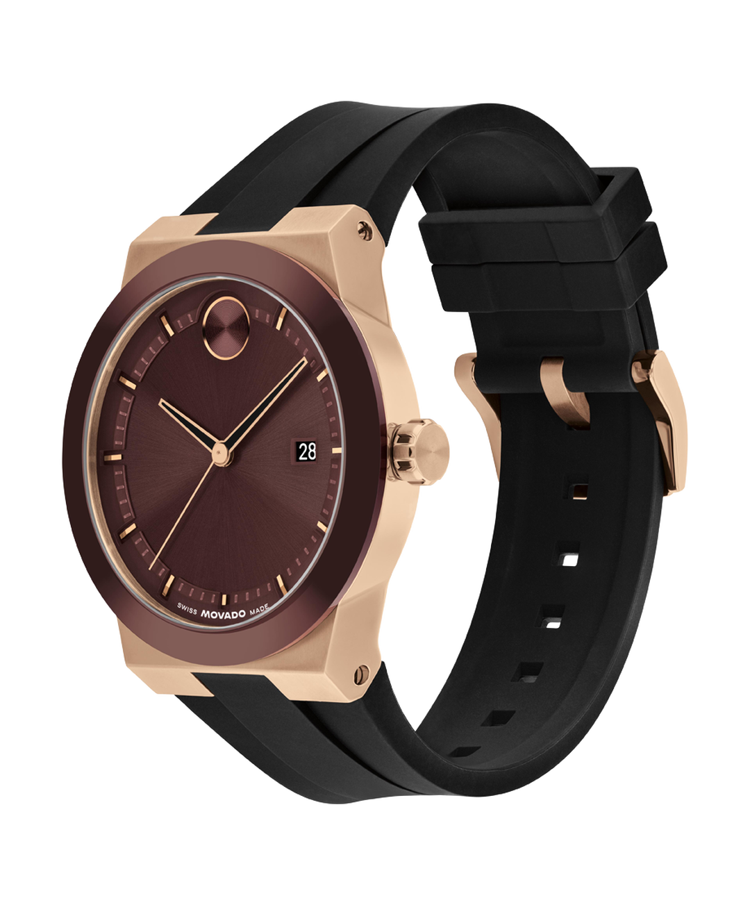 Movado Bold watch shown from side profile with rose gold case and black strap
