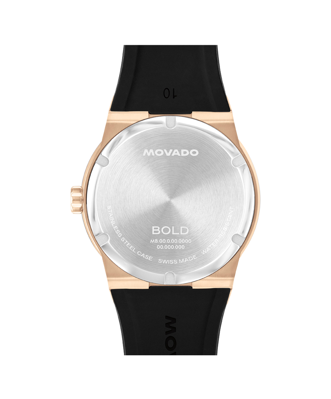 Movado Bold watch caseback showing Swiss quartz movement and engraved text