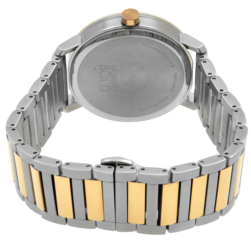 Movado BOLD Evolution 2.0 caseback showing two-tone stainless steel bracelet