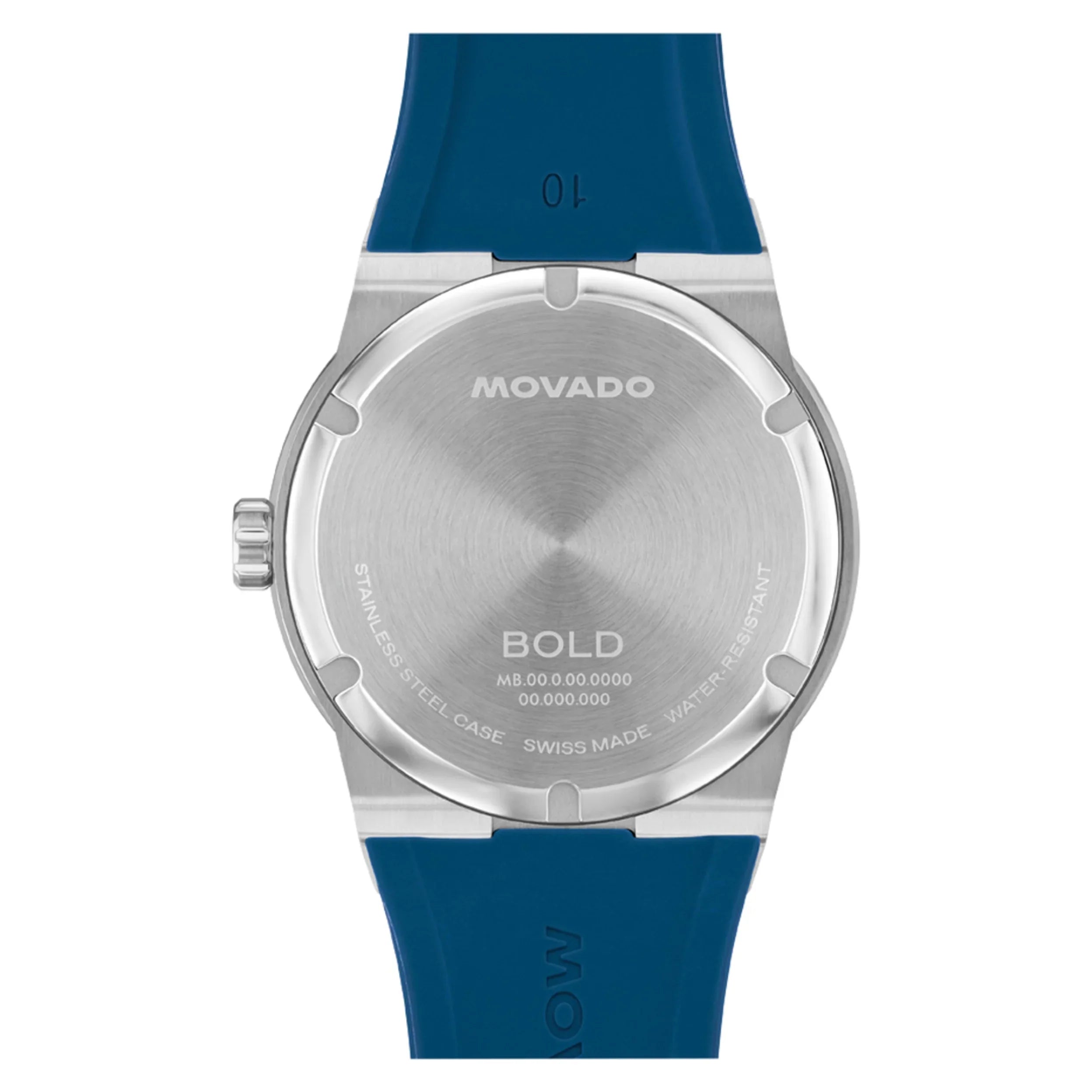 Movado BOLD Fusion watch caseback showing stainless steel and Swiss made engraving