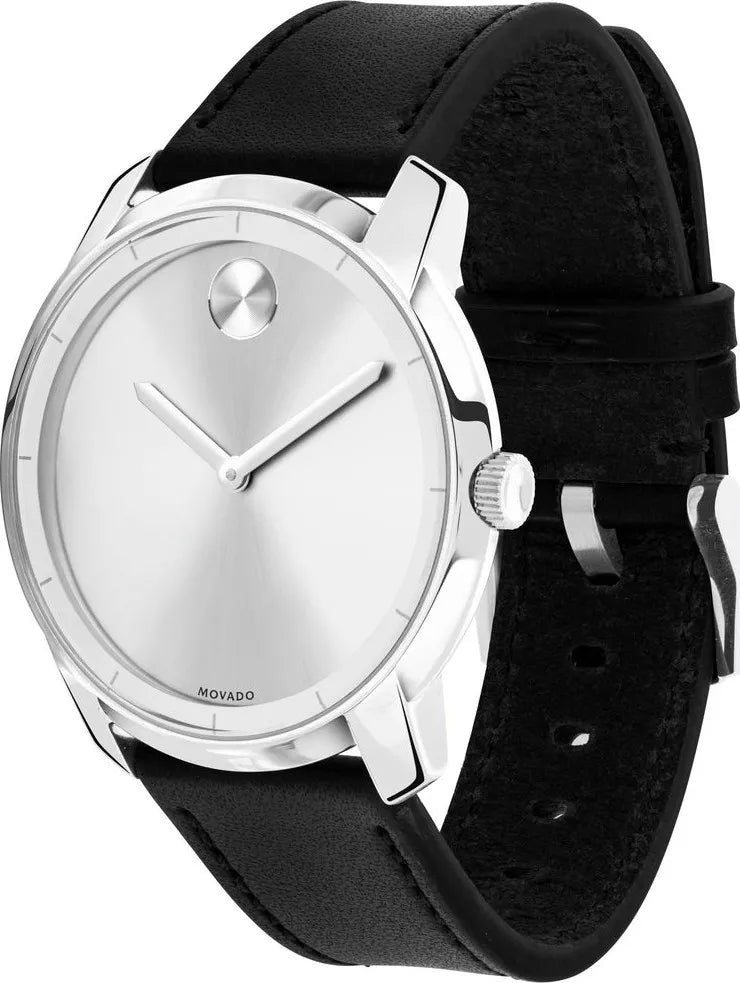 Movado Bold Quest watch from three-quarter angle showing silver case and black strap