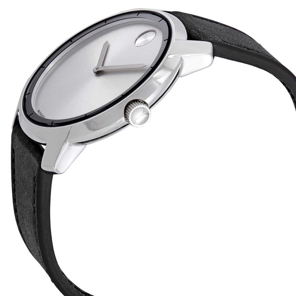 Movado Bold Quest watch side view with crown and chronograph pushers visible