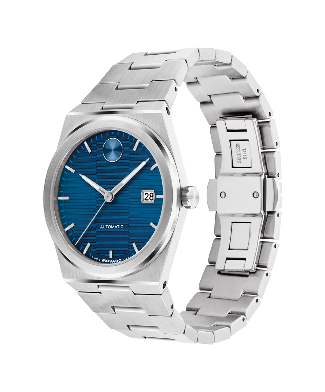 Movado BOLD Quest watch shown from side angle displaying stainless steel bracelet and blue dial