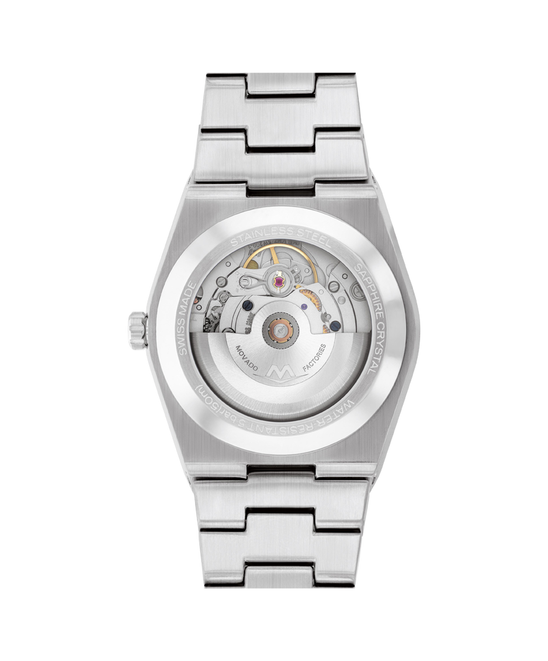 Movado BOLD Quest caseback showing automatic movement with visible gears and Movado branding