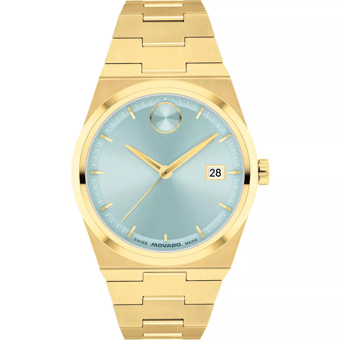 Movado Bold Quest gold-tone women's watch with ice blue dial and gold bracelet