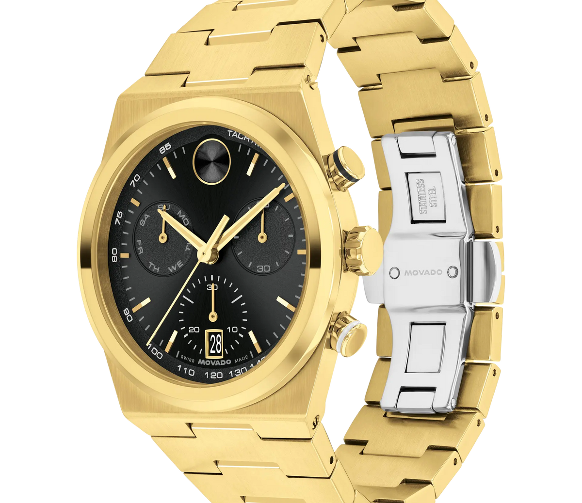Side profile view of Movado BOLD Quest 42mm gold watch showing bracelet and clasp