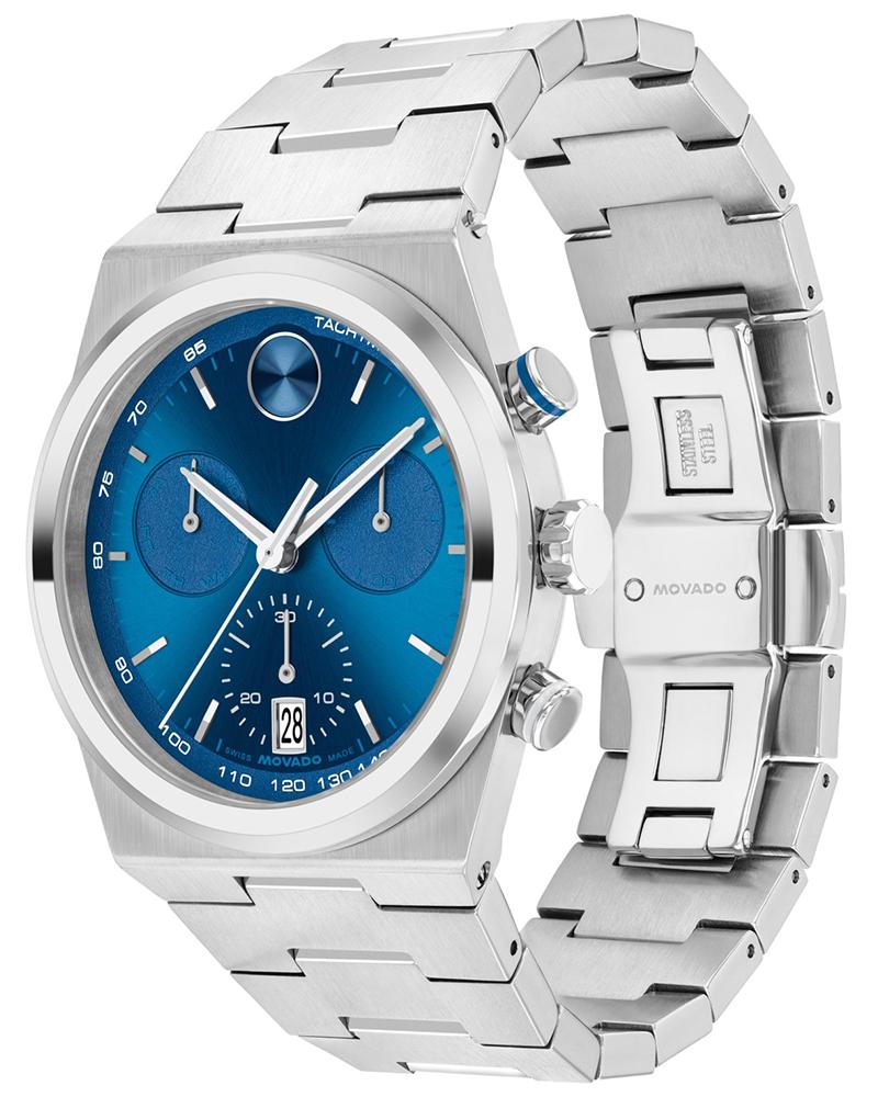 Movado Bold Quest watch shown from angle with full stainless steel bracelet visible