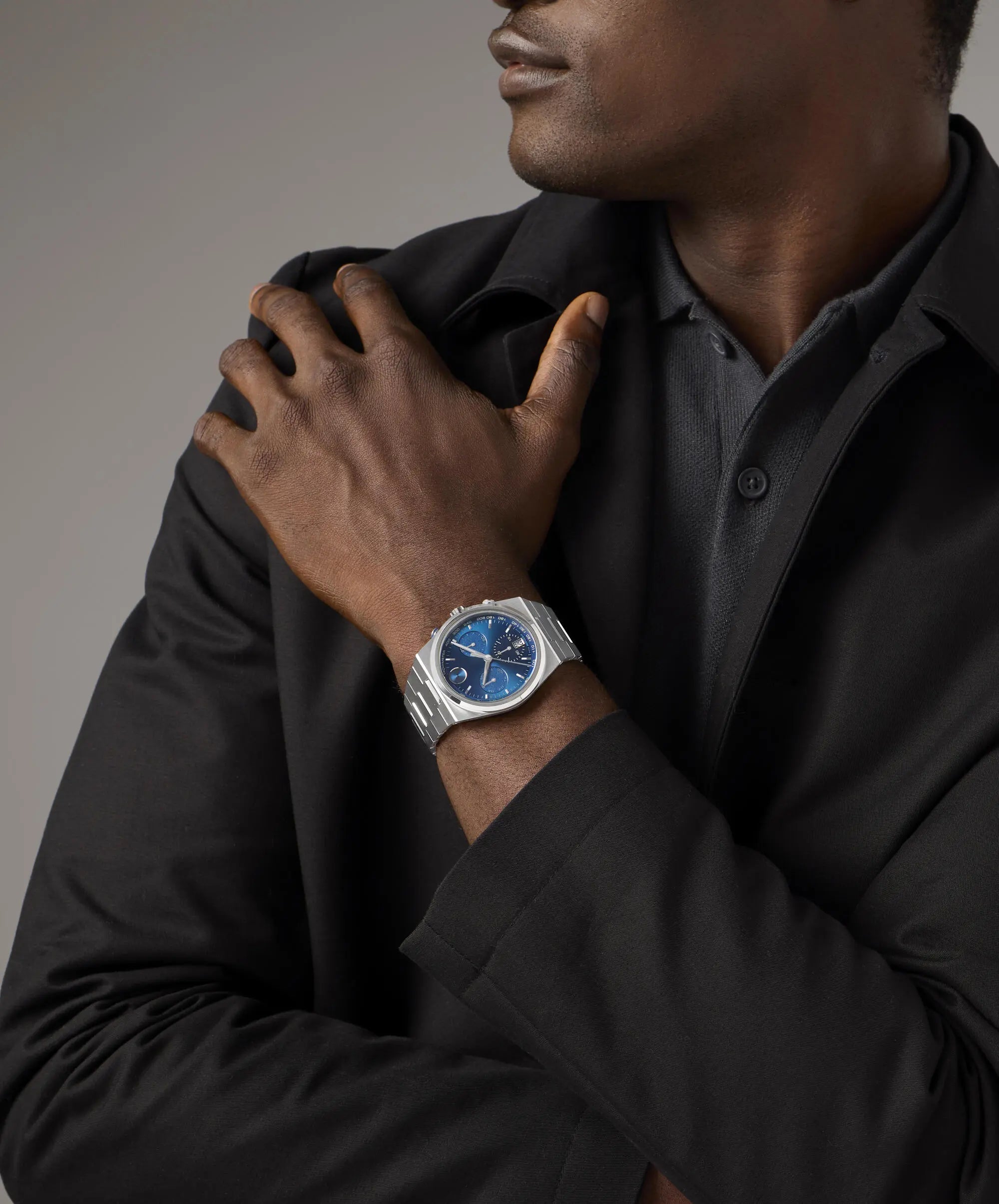 Movado Bold Quest chronograph watch worn on male wrist