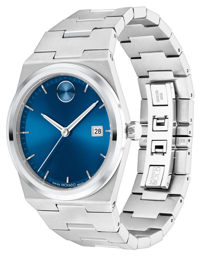 Movado BOLD Quest watch showing blue dial and stainless steel bracelet side view