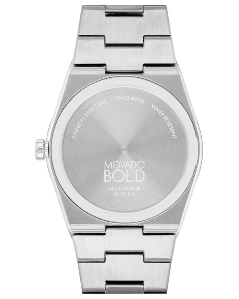 Movado BOLD stainless steel caseback with engraved text and bracelet
