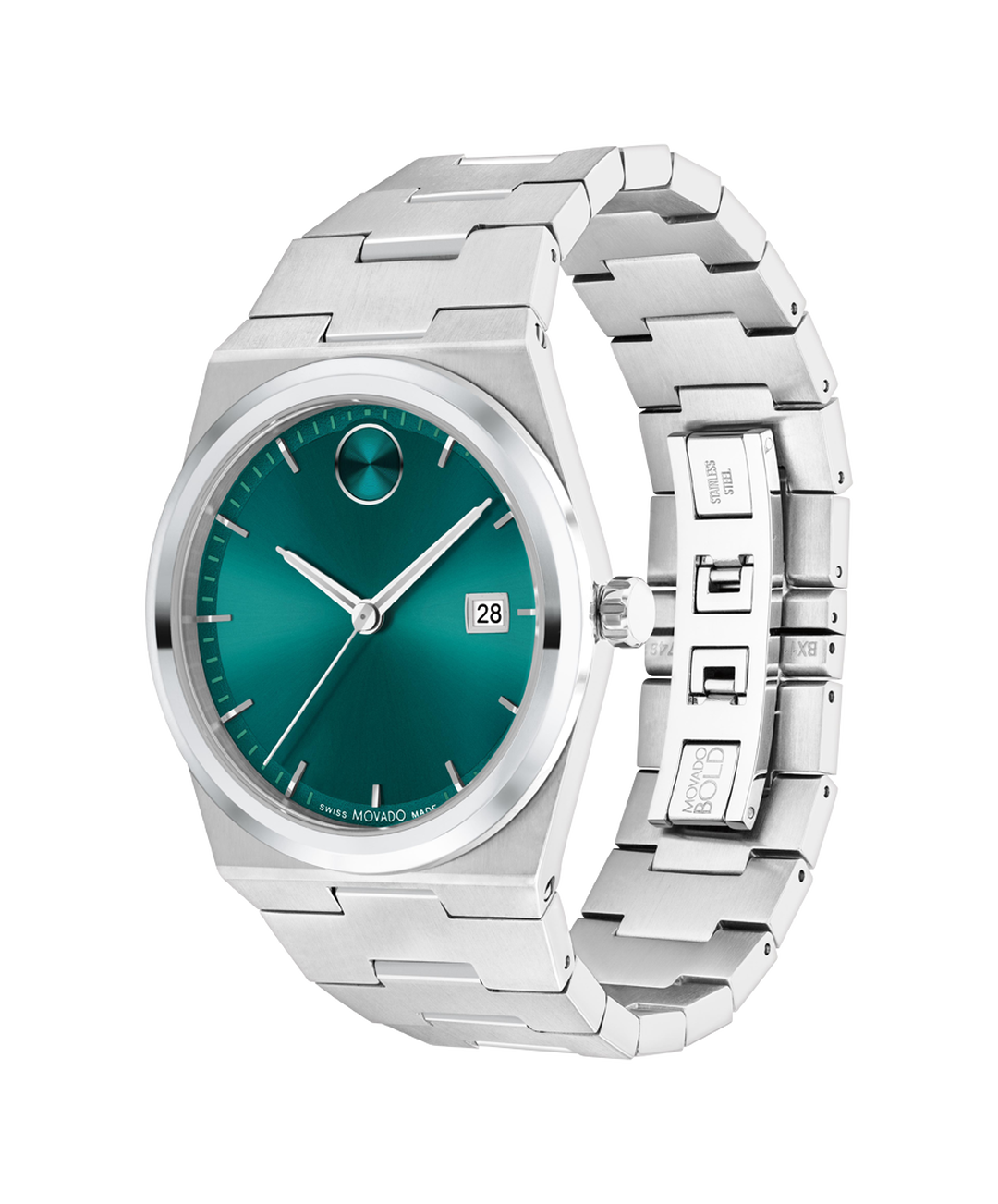 Movado BOLD Quest side profile showing stainless steel bracelet and teal dial