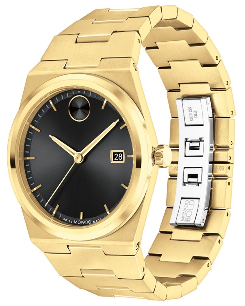 Movado BOLD Quest watch with gold-tone stainless steel bracelet from angle view