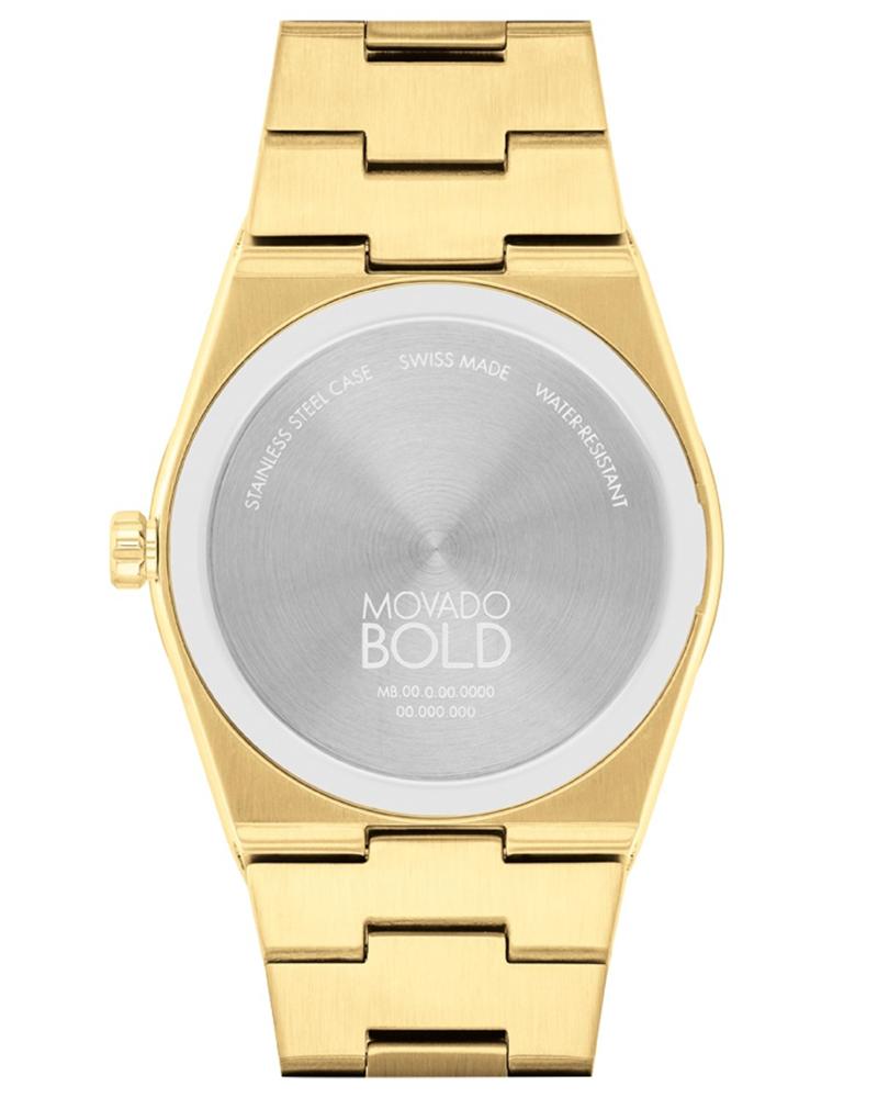 Movado BOLD Quest case back showing brushed stainless steel with engraved branding