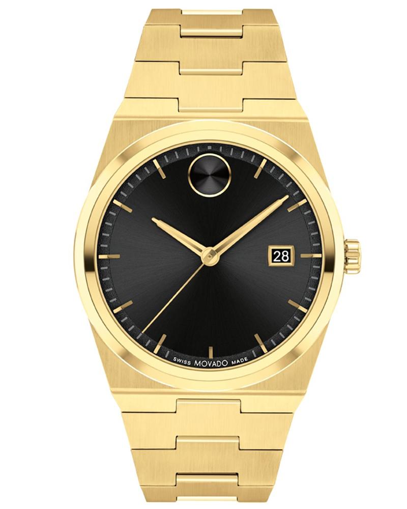 Movado BOLD Quest gold-tone watch with black dial and date window