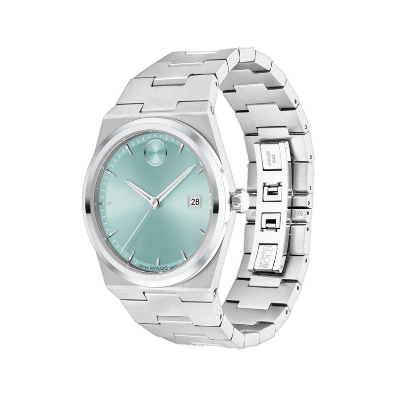 Side angle view of Movado BOLD Quest unisex watch with seafoam dial and steel three-link bracelet