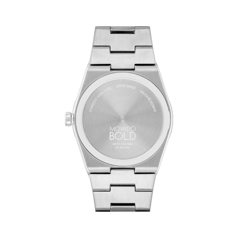 Stainless steel caseback of Movado BOLD Quest watch engraved with brand logo and specifications
