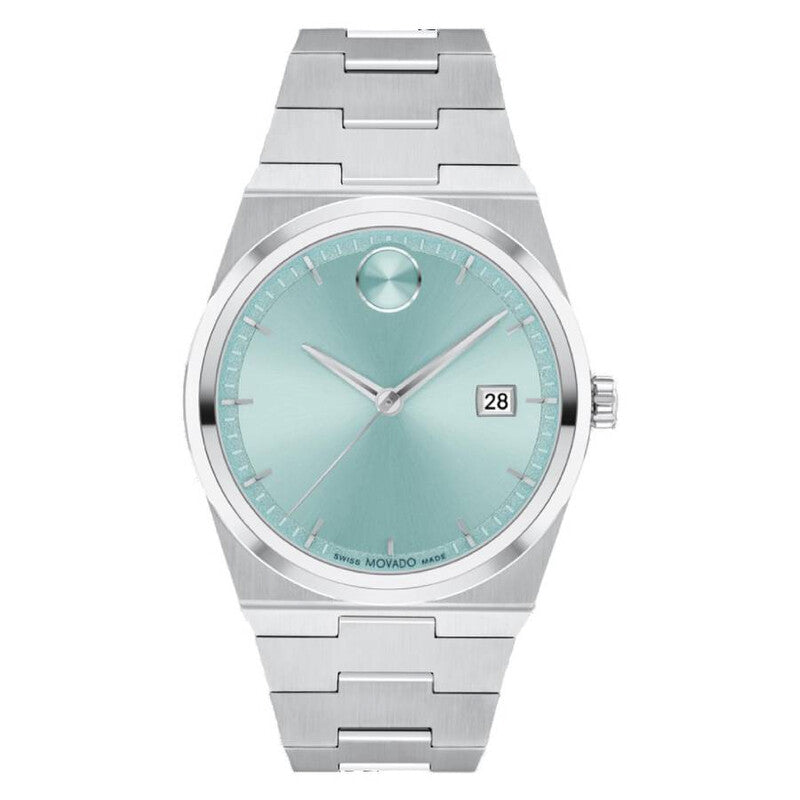 Movado BOLD Quest 40mm stainless steel watch with seafoam blue dial, Movado dot, date window, and steel bracelet