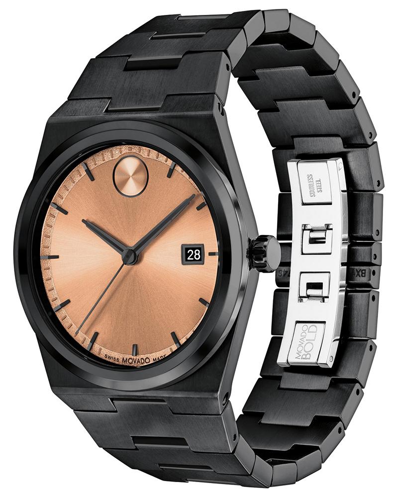 Movado Bold Quest watch showing rose gold dial and black bracelet strap at angle
