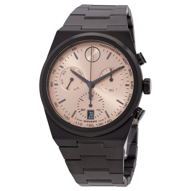 Movado Bold Quest chronograph watch with rose gold dial and black steel bracelet