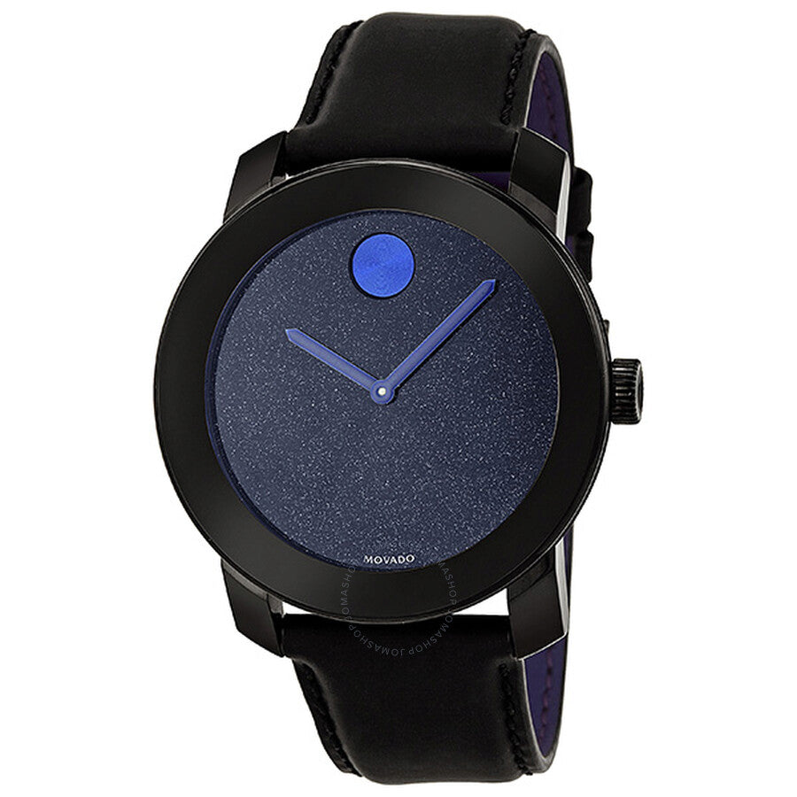 Movado Bold TR90 watch angled view showing black case and dark blue dial