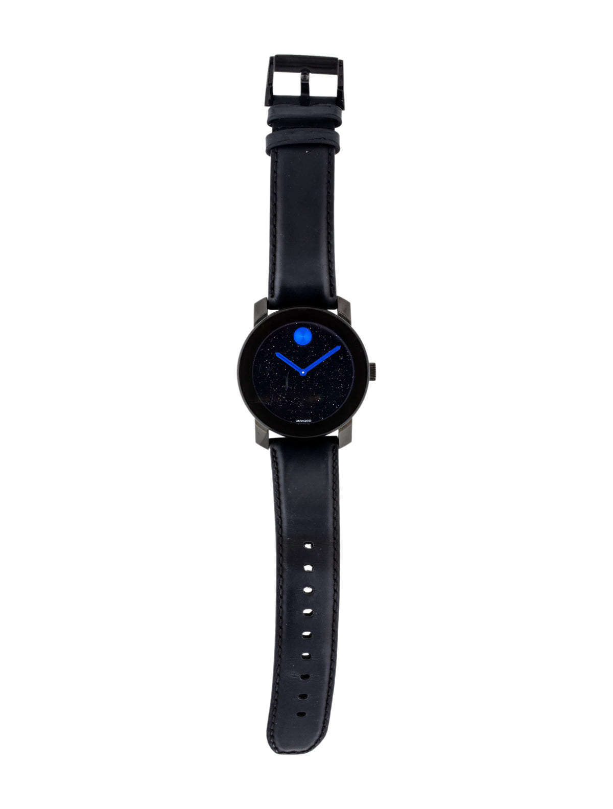 Movado Bold TR90 watch worn on wrist with black leather strap