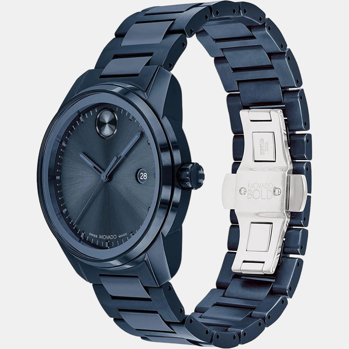 Side angle view of Movado Bold Verso watch showing blue metal bracelet and clasp
