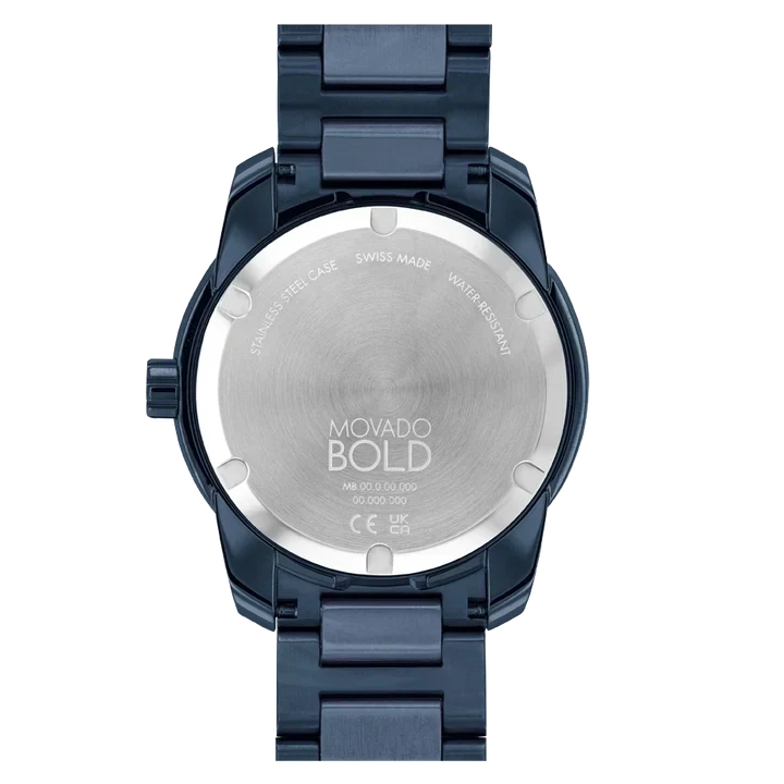 Movado Bold Verso caseback showing Swiss Made marking and model details
