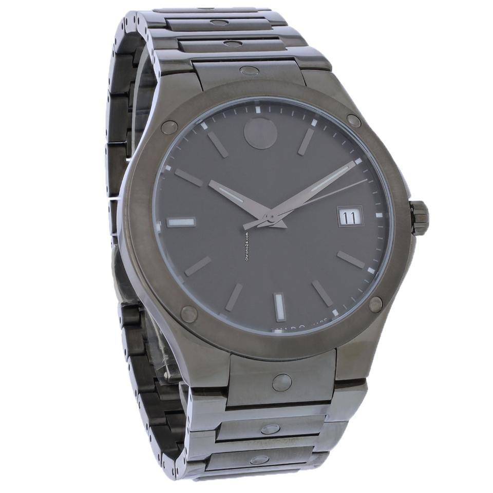 Movado BOLD Verso watch angle view showing black ceramic case, gray dial, and steel bracelet