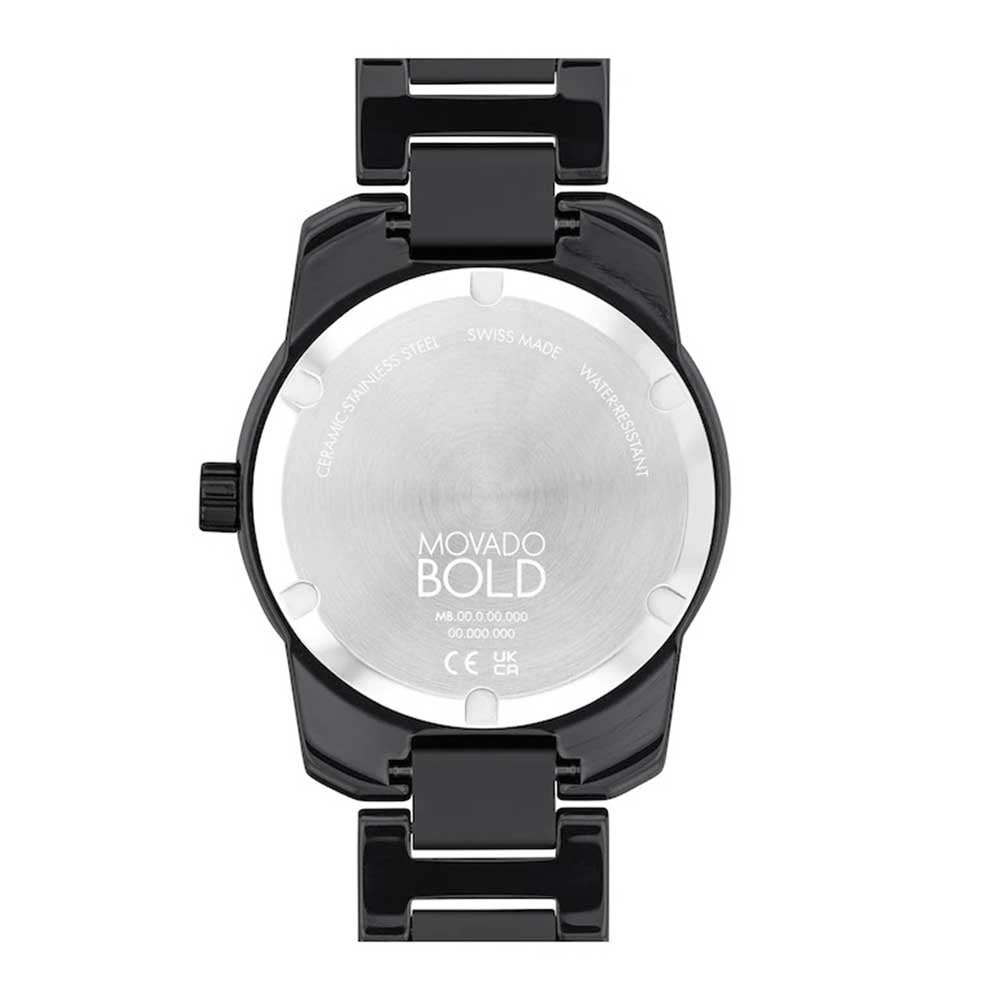 Movado BOLD Verso caseback with engraved branding, specifications, Swiss made marking, and ceramic bracelet