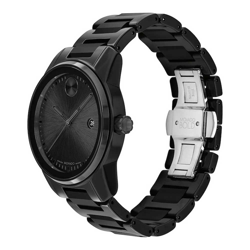 Movado BOLD Verso black dial watch worn on wrist showing full bracelet and deployment clasp