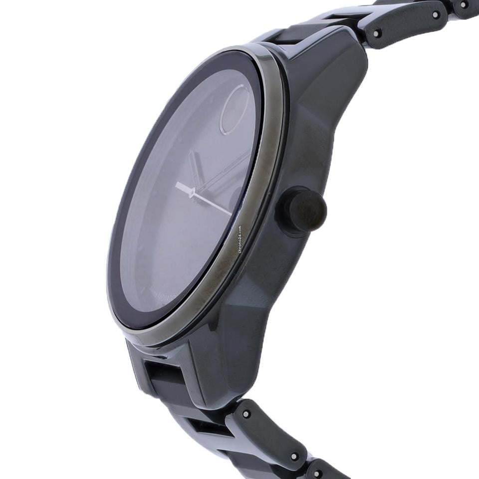 Movado BOLD Verso watch side profile with black ceramic case and steel bracelet links