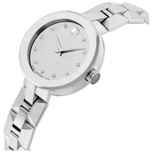 Movado Diamonds watch angled view showing silver stainless steel bracelet and silver dial