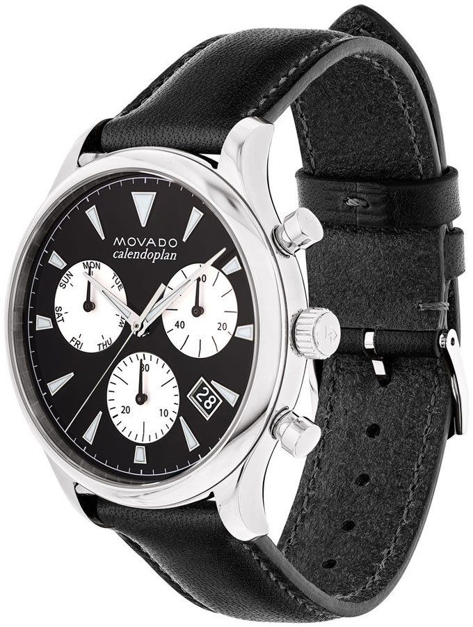 Movado Heritage Chronograph watch displayed at angle showing black leather strap and silver case