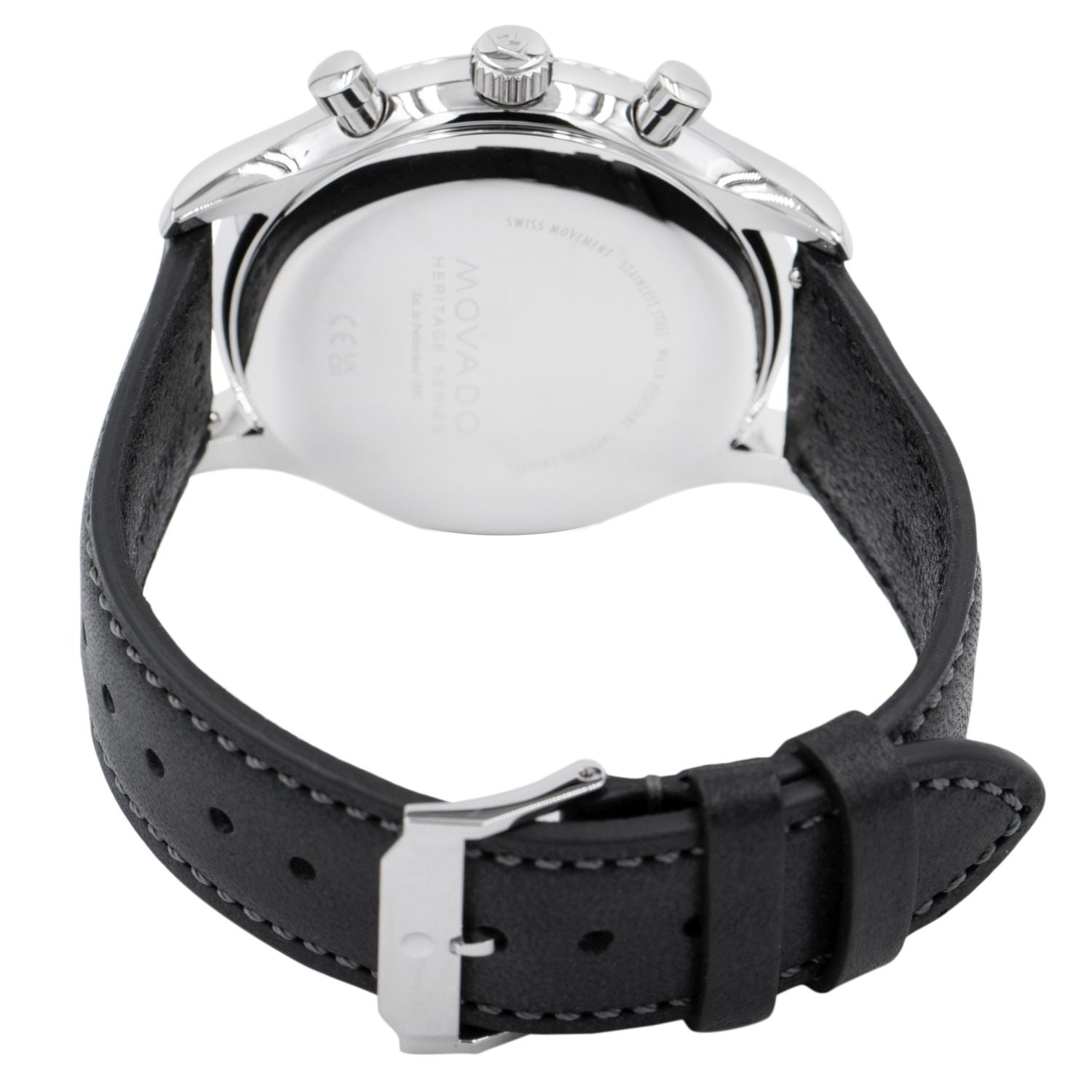 Movado Heritage Chronograph watch with black leather strap and buckle closure on display stand