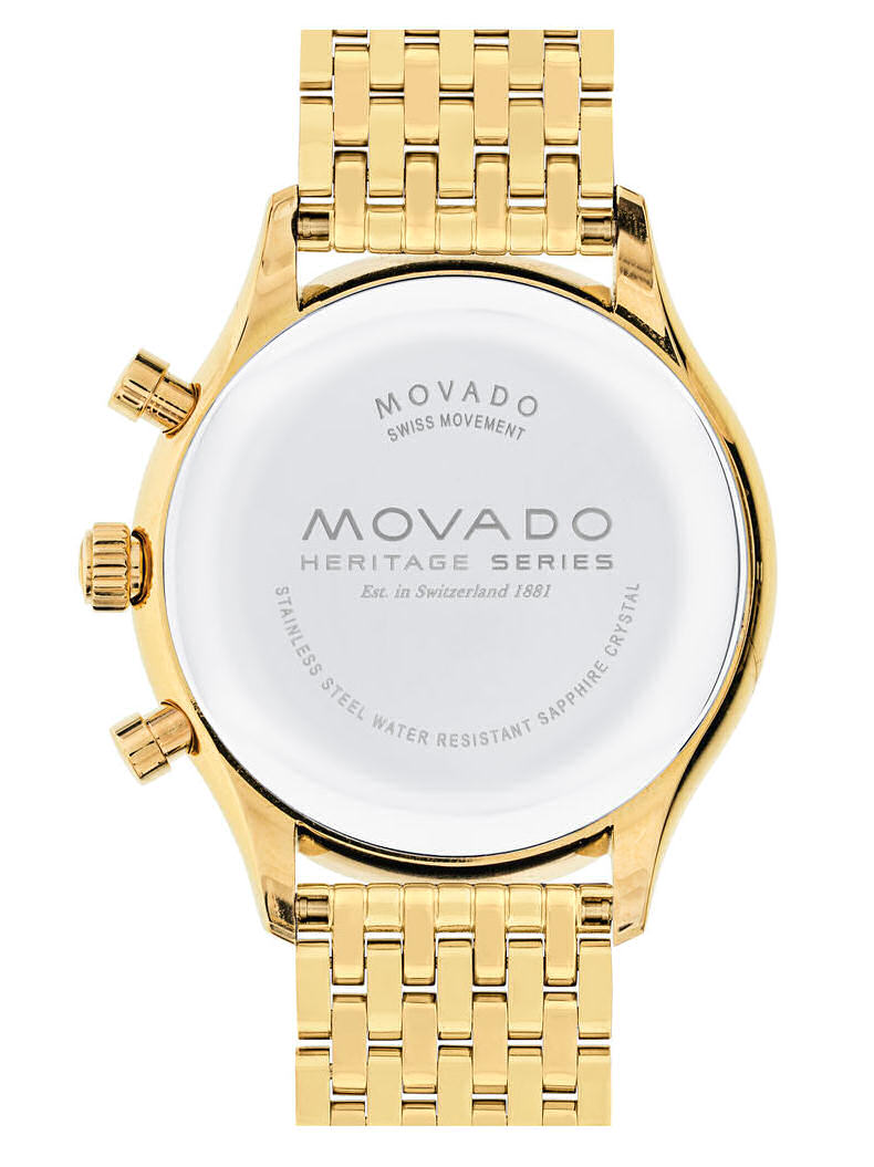 Movado Heritage watch caseback showing stainless steel with Swiss movement engraving
