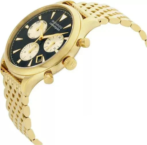Movado Heritage chronograph watch side view showing 43mm case and bracelet profile