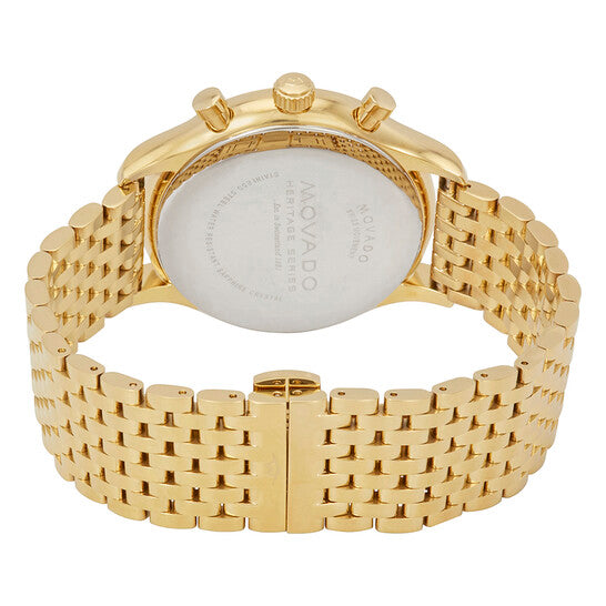 Movado Heritage watch caseback with gold tone metal bracelet and fold-over clasp