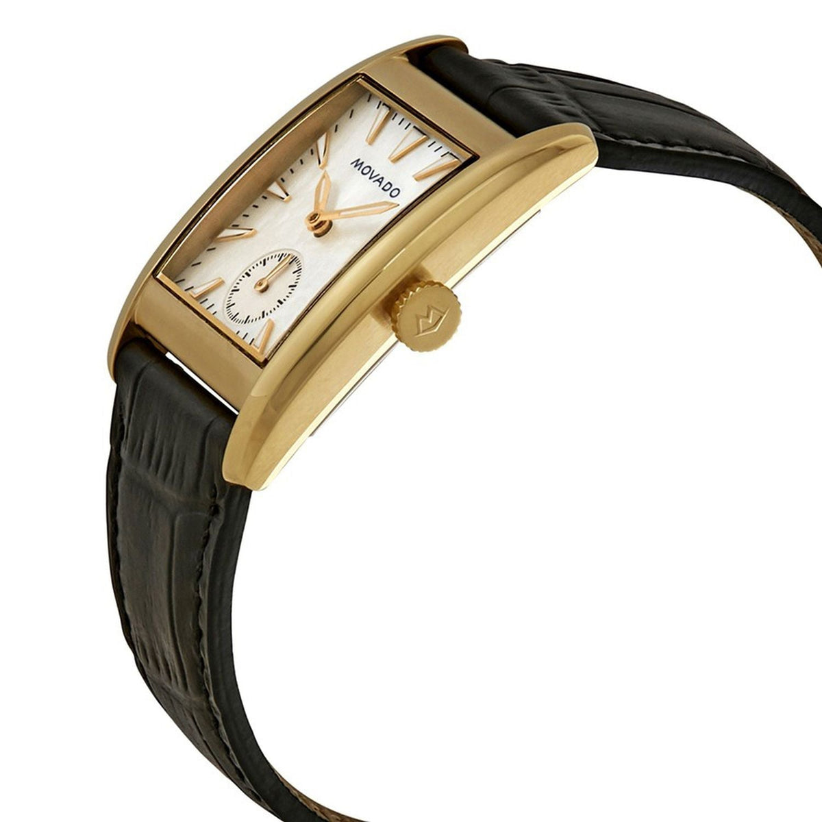Angled side view of Movado Heritage watch showing rectangular gold case and black leather strap