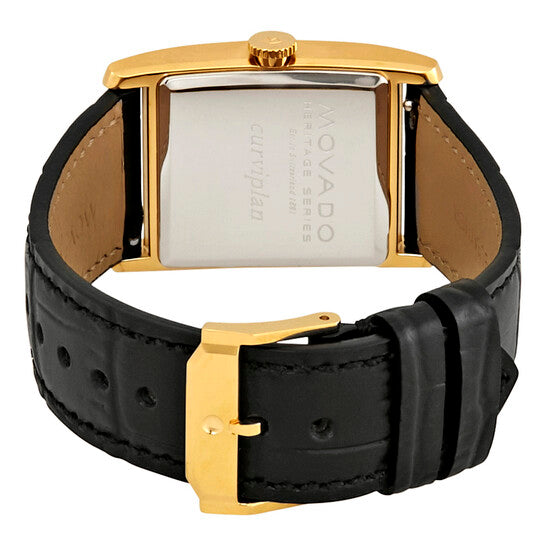 Caseback view of Movado Heritage watch with black leather strap and gold-tone buckle