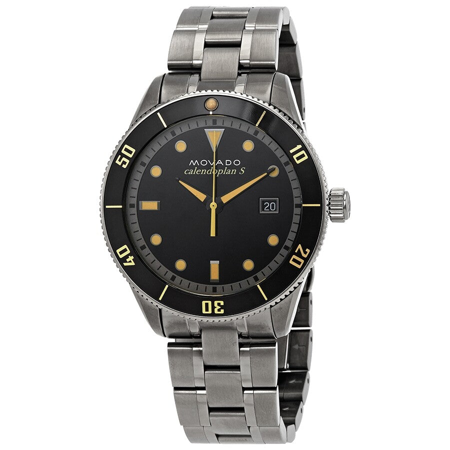 Movado Heritage quartz men's watch with black dial, rotating bezel, and steel bracelet, three-quarter angle