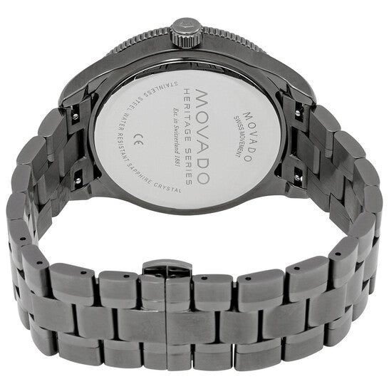 Movado Heritage men's watch caseback showing engraved Movado branding and specifications