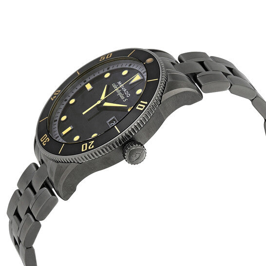 Movado Heritage men's watch shown from the side with stainless steel bracelet and case profile